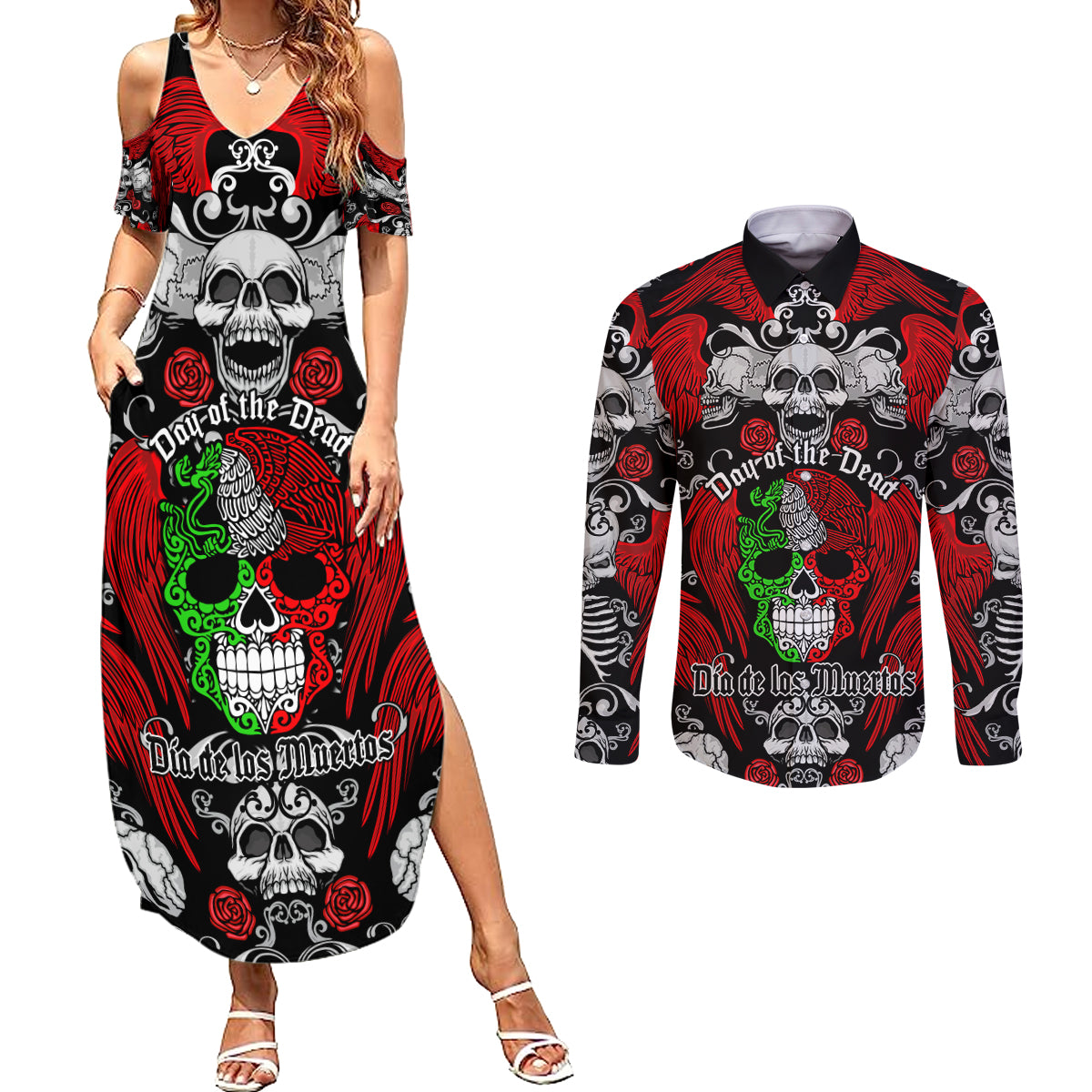 Mexico Day Of The Dead Couples Matching Summer Maxi Dress and Long Sleeve Button Shirts Mexican Sugar Skull Dia de los Muertos - Wonder Print Shop