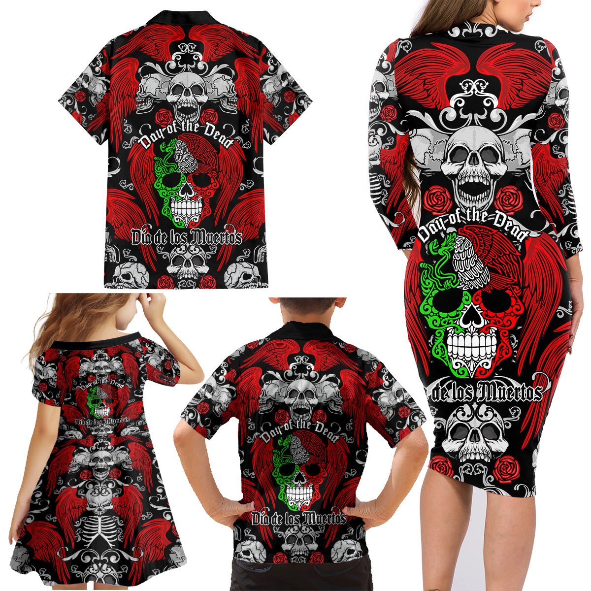 Mexico Day Of The Dead Family Matching Long Sleeve Bodycon Dress and Hawaiian Shirt Mexican Sugar Skull Dia de los Muertos - Wonder Print Shop