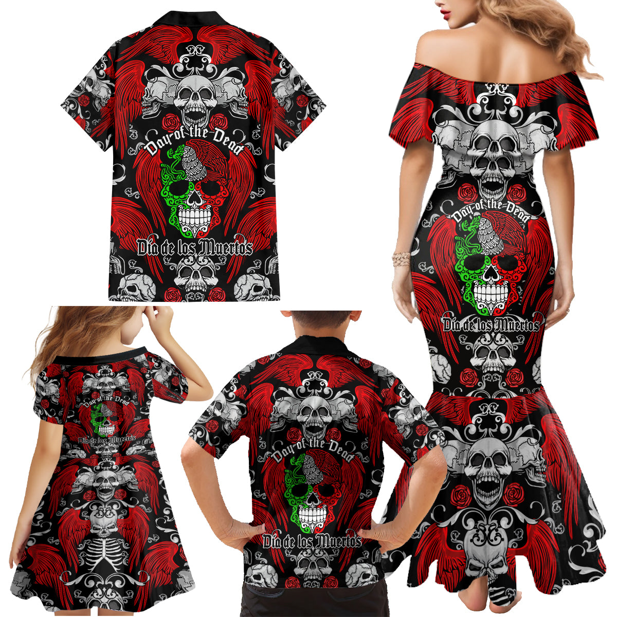 Mexico Day Of The Dead Family Matching Mermaid Dress and Hawaiian Shirt Mexican Sugar Skull Dia de los Muertos - Wonder Print Shop