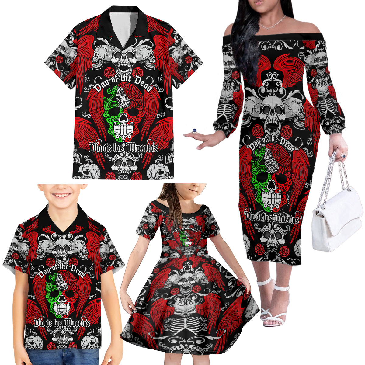 Mexico Day Of The Dead Family Matching Off Shoulder Long Sleeve Dress and Hawaiian Shirt Mexican Sugar Skull Dia de los Muertos - Wonder Print Shop
