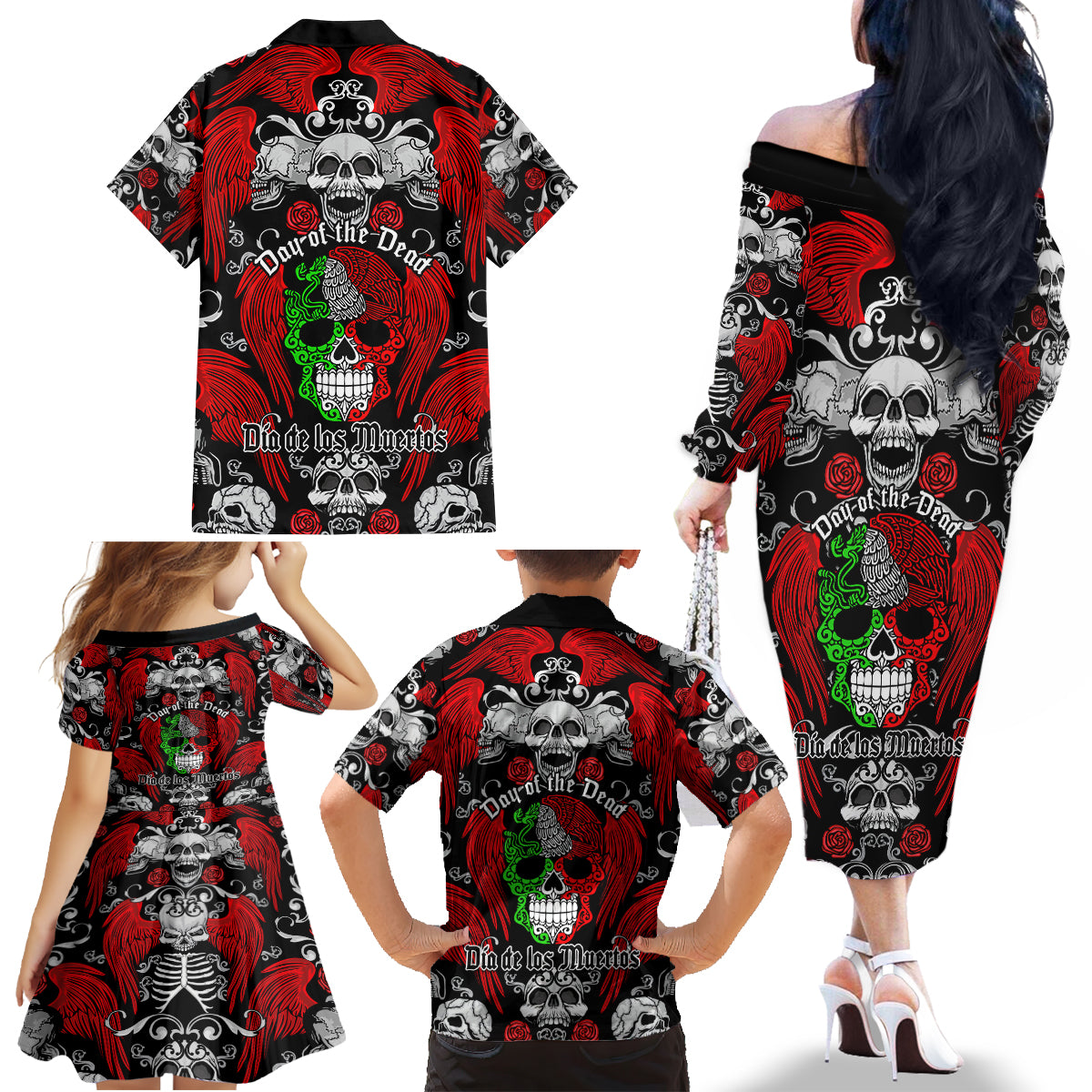 Mexico Day Of The Dead Family Matching Off Shoulder Long Sleeve Dress and Hawaiian Shirt Mexican Sugar Skull Dia de los Muertos - Wonder Print Shop