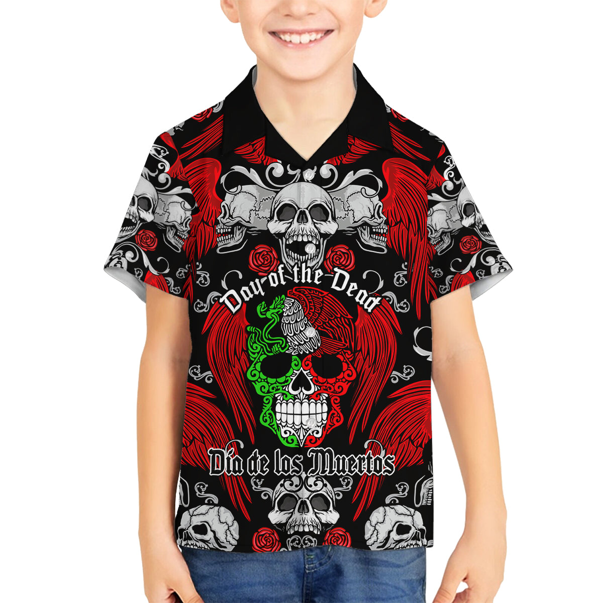 Mexico Day Of The Dead Family Matching Off Shoulder Long Sleeve Dress and Hawaiian Shirt Mexican Sugar Skull Dia de los Muertos - Wonder Print Shop