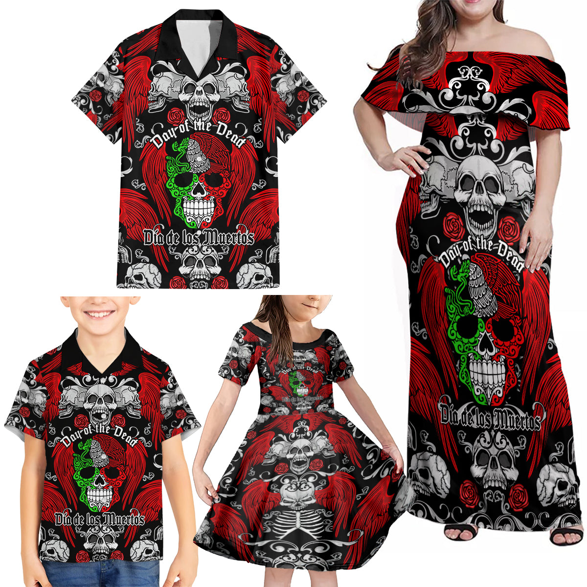 Mexico Day Of The Dead Family Matching Off Shoulder Maxi Dress and Hawaiian Shirt Mexican Sugar Skull Dia de los Muertos - Wonder Print Shop