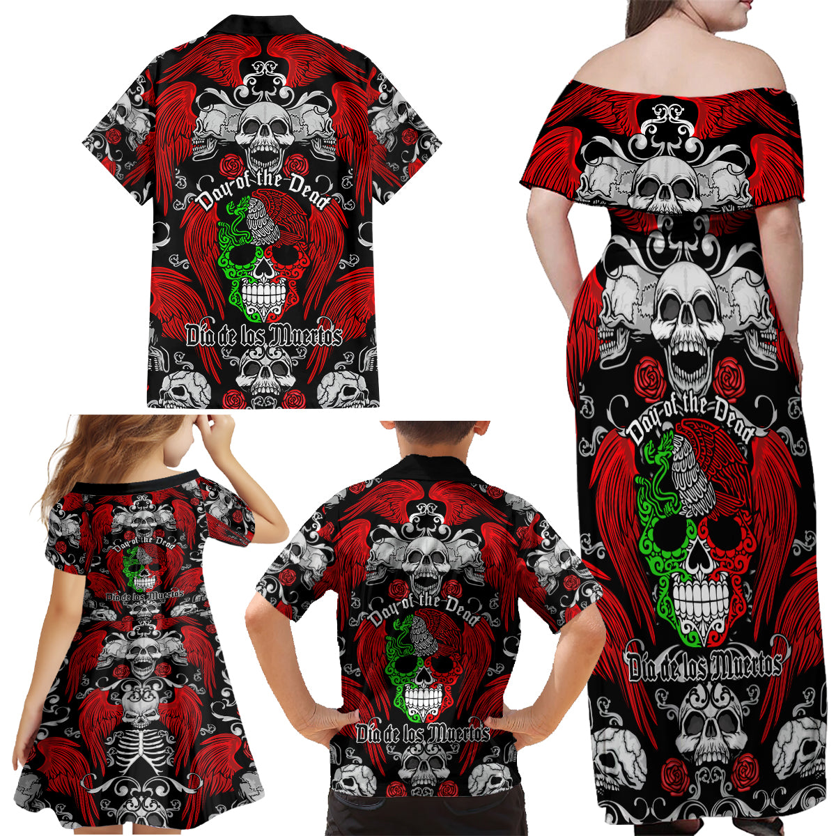 Mexico Day Of The Dead Family Matching Off Shoulder Maxi Dress and Hawaiian Shirt Mexican Sugar Skull Dia de los Muertos - Wonder Print Shop