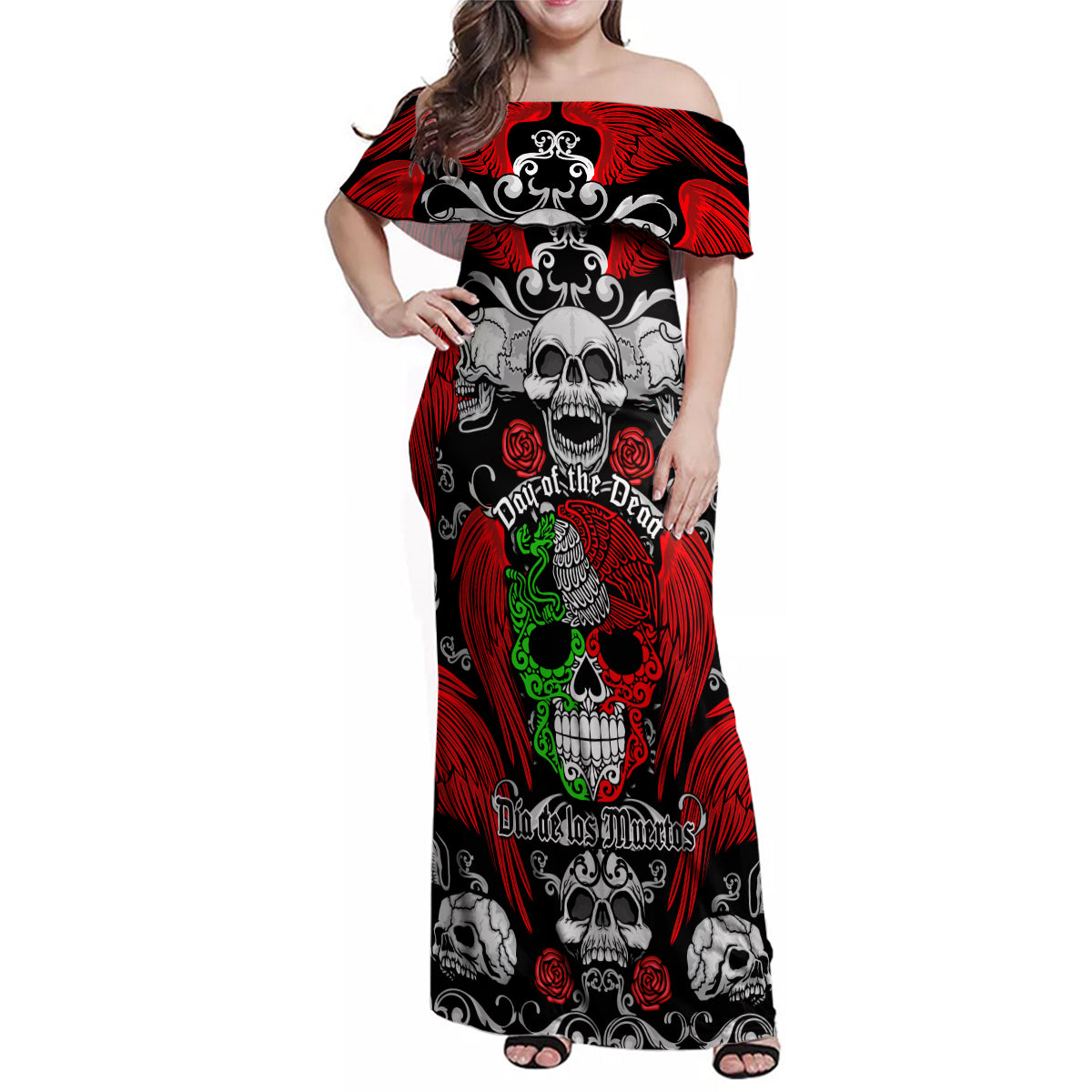 Mexico Day Of The Dead Family Matching Off Shoulder Maxi Dress and Hawaiian Shirt Mexican Sugar Skull Dia de los Muertos - Wonder Print Shop