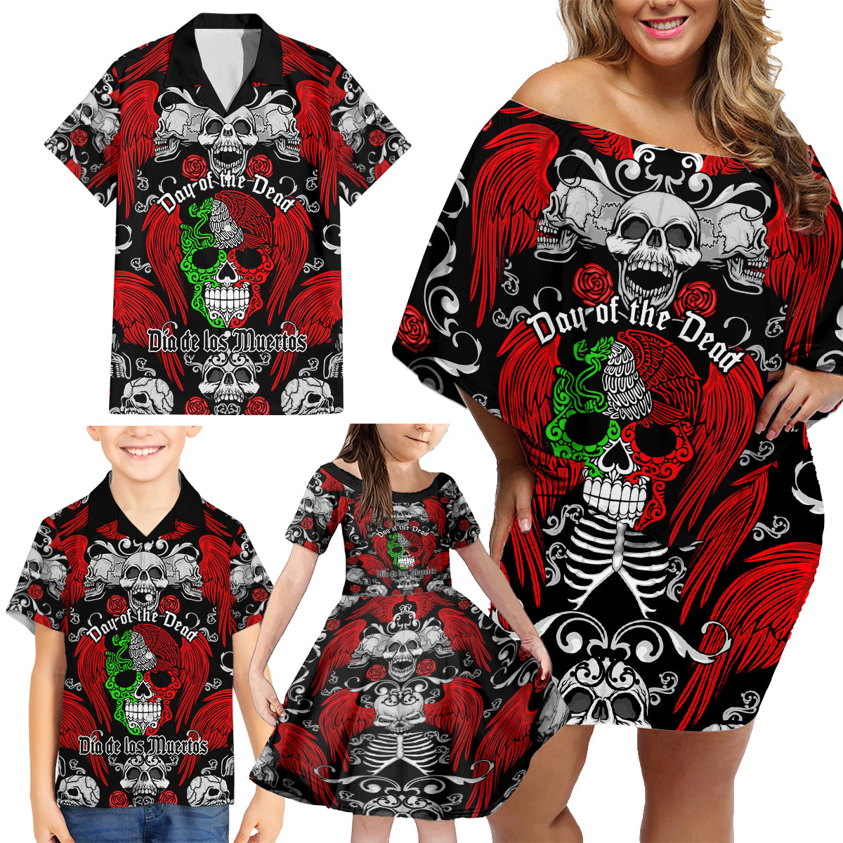 Mexico Day Of The Dead Family Matching Off Shoulder Short Dress and Hawaiian Shirt Mexican Sugar Skull Dia de los Muertos - Wonder Print Shop