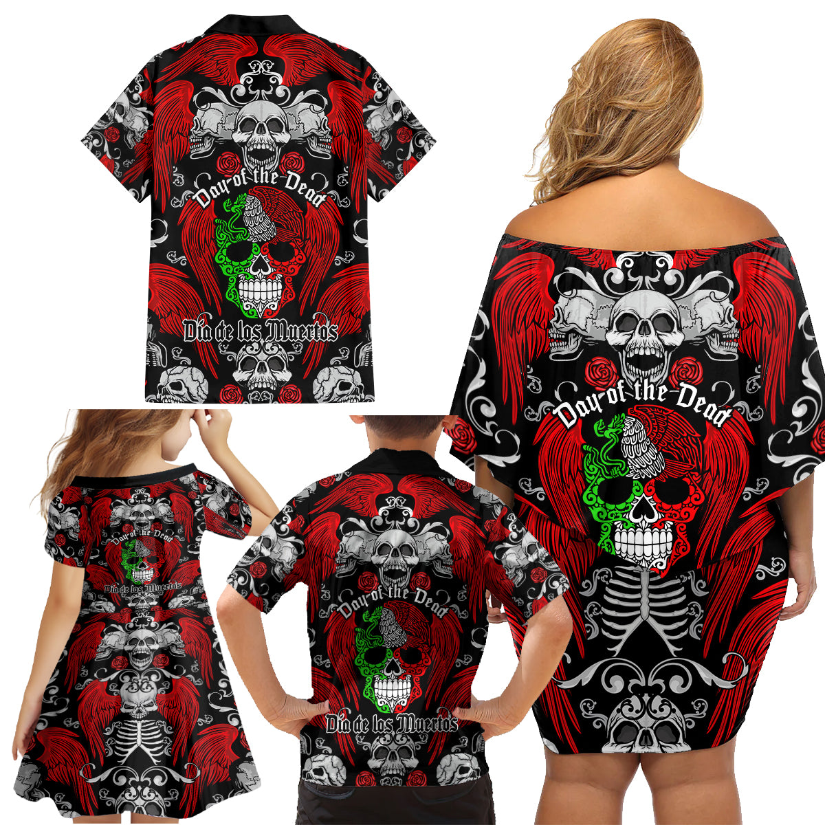 Mexico Day Of The Dead Family Matching Off Shoulder Short Dress and Hawaiian Shirt Mexican Sugar Skull Dia de los Muertos - Wonder Print Shop