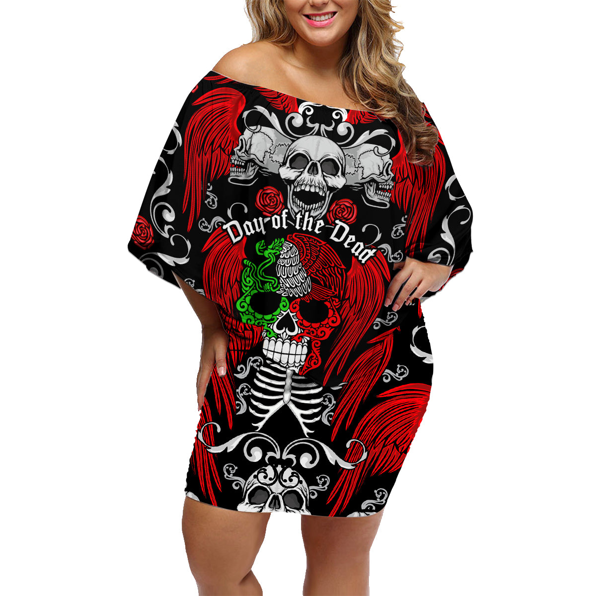 Mexico Day Of The Dead Family Matching Off Shoulder Short Dress and Hawaiian Shirt Mexican Sugar Skull Dia de los Muertos - Wonder Print Shop