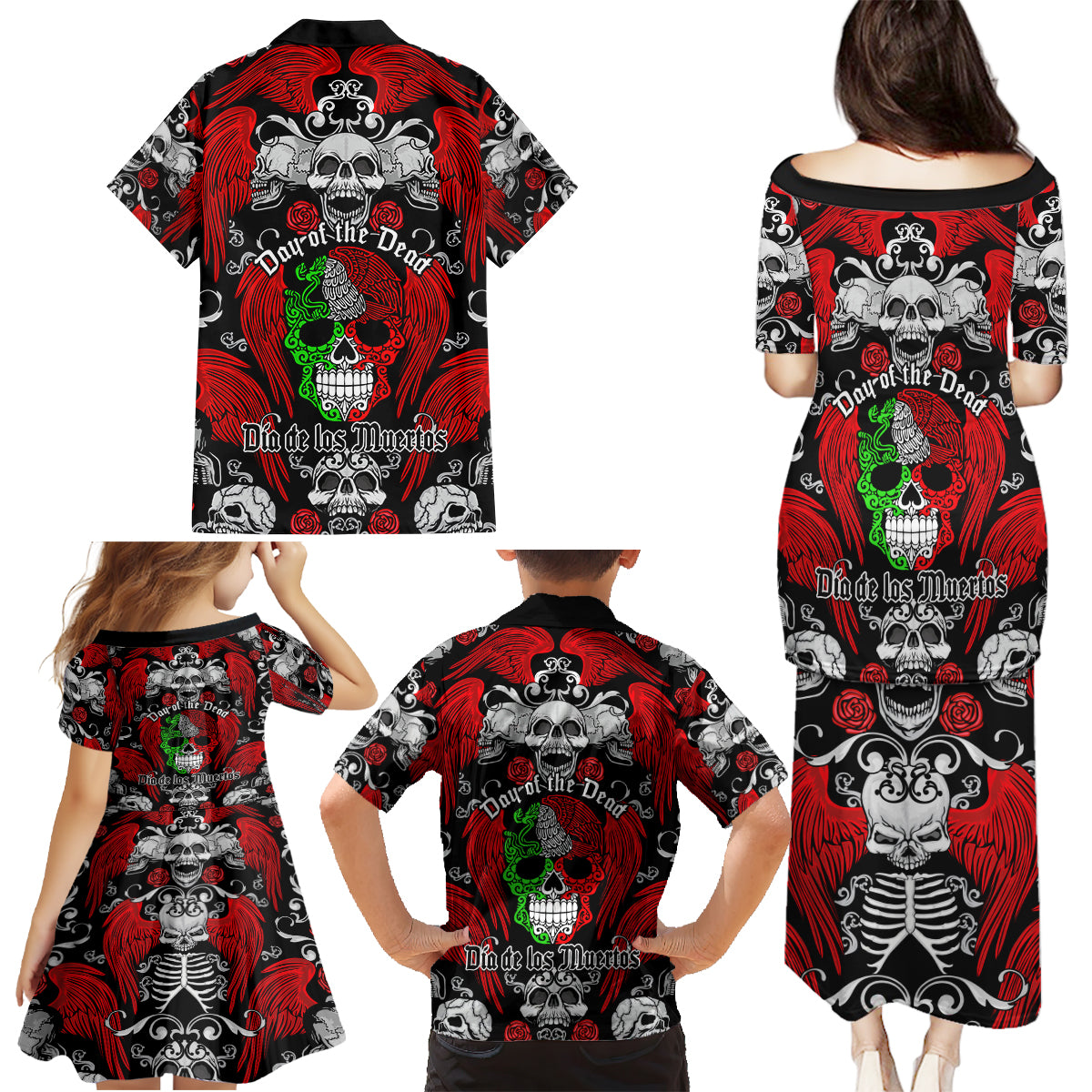 Mexico Day Of The Dead Family Matching Puletasi Dress and Hawaiian Shirt Mexican Sugar Skull Dia de los Muertos - Wonder Print Shop