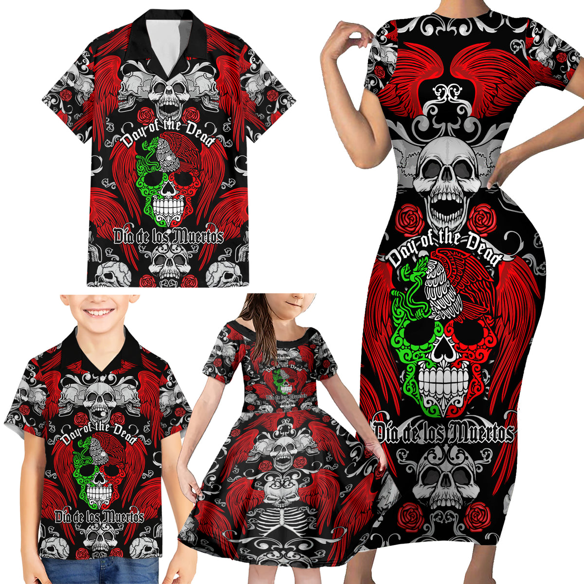 Mexico Day Of The Dead Family Matching Short Sleeve Bodycon Dress and Hawaiian Shirt Mexican Sugar Skull Dia de los Muertos - Wonder Print Shop