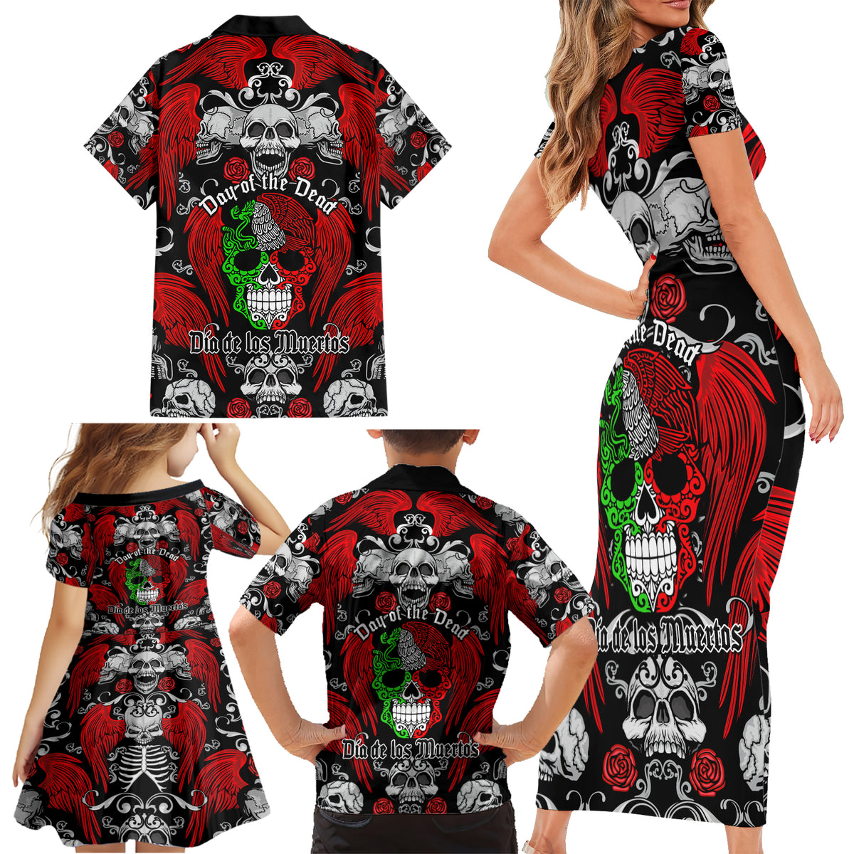 Mexico Day Of The Dead Family Matching Short Sleeve Bodycon Dress and Hawaiian Shirt Mexican Sugar Skull Dia de los Muertos - Wonder Print Shop