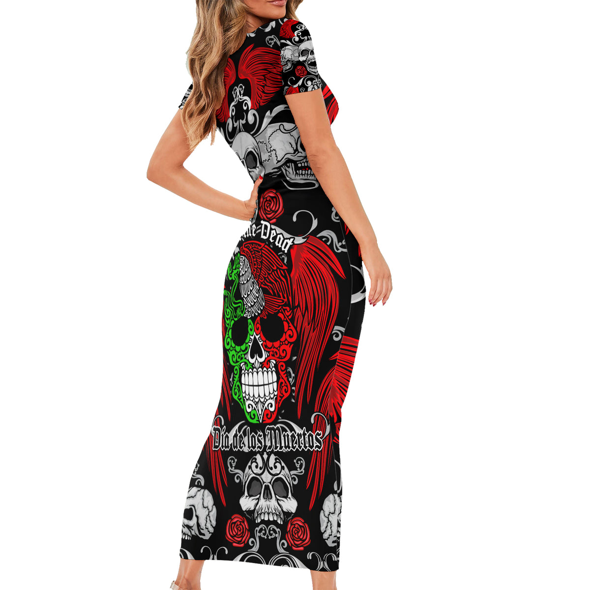 Mexico Day Of The Dead Family Matching Short Sleeve Bodycon Dress and Hawaiian Shirt Mexican Sugar Skull Dia de los Muertos - Wonder Print Shop
