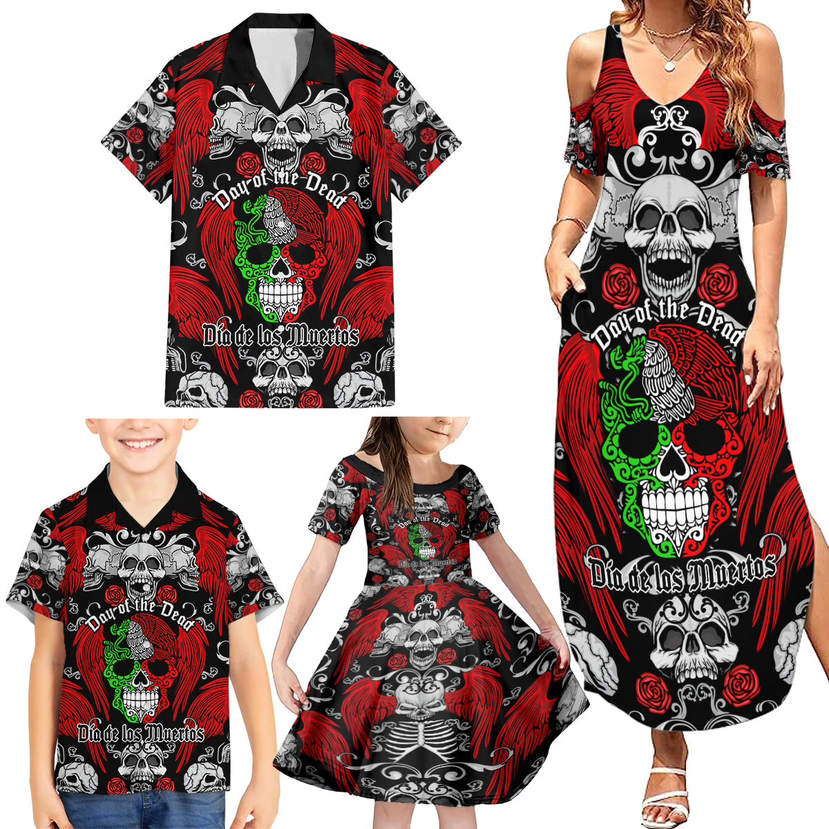 Mexico Day Of The Dead Family Matching Summer Maxi Dress and Hawaiian Shirt Mexican Sugar Skull Dia de los Muertos - Wonder Print Shop