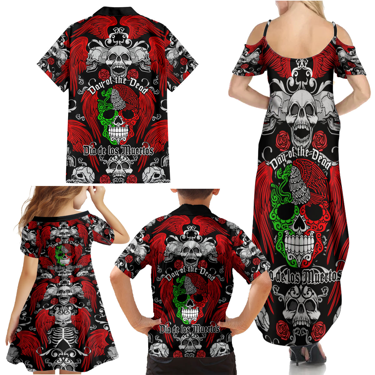 Mexico Day Of The Dead Family Matching Summer Maxi Dress and Hawaiian Shirt Mexican Sugar Skull Dia de los Muertos - Wonder Print Shop