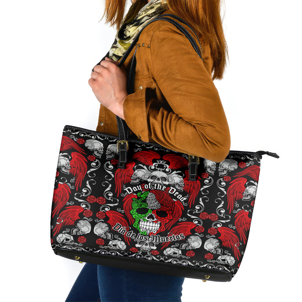 Mexico Day Of The Dead Leather Tote Bag Mexican Sugar Skull Dia de los Muertos - Wonder Print Shop