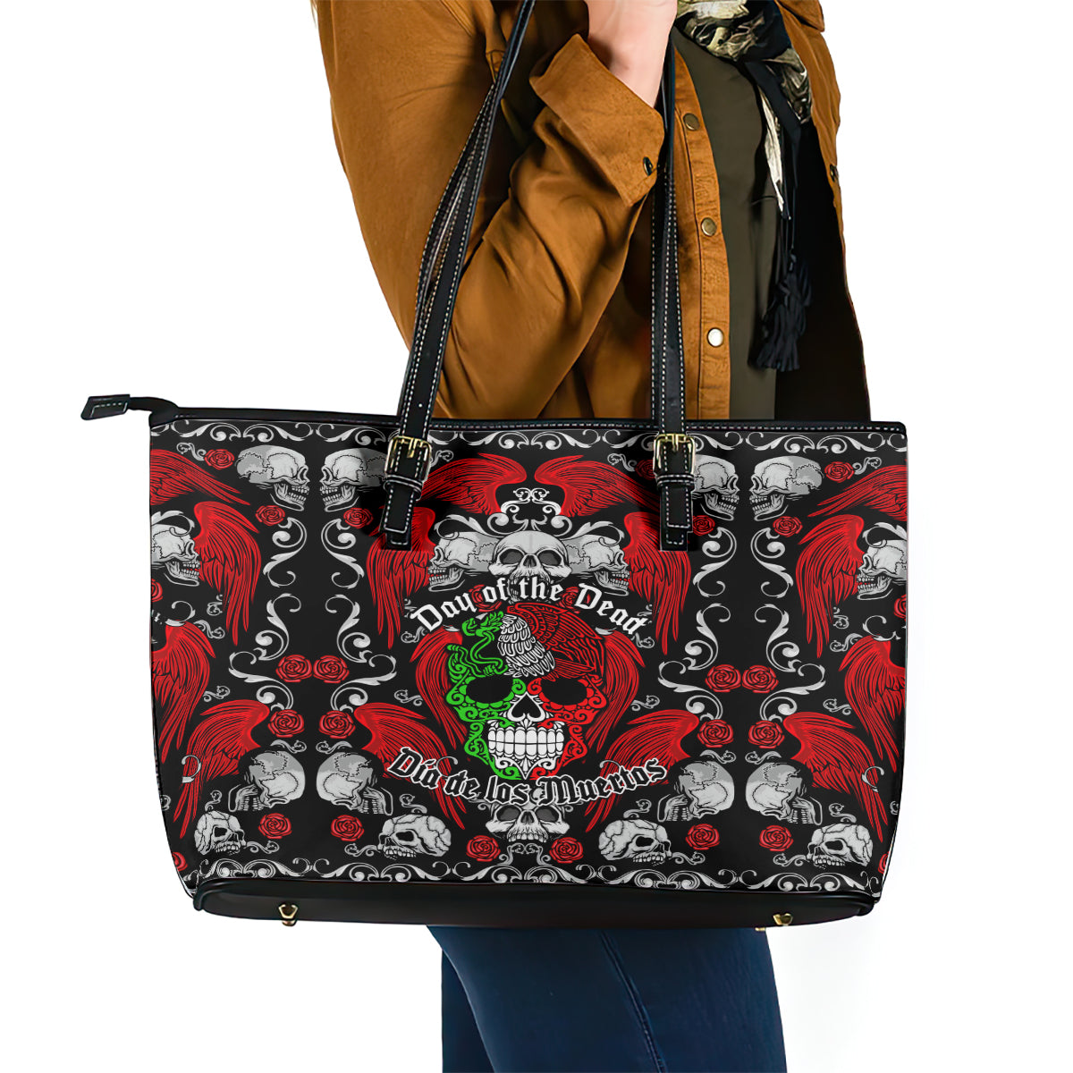 Mexico Day Of The Dead Leather Tote Bag Mexican Sugar Skull Dia de los Muertos - Wonder Print Shop