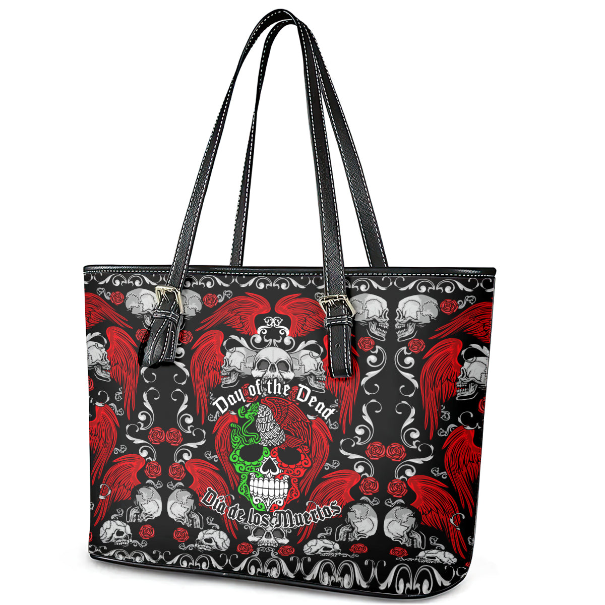 Mexico Day Of The Dead Leather Tote Bag Mexican Sugar Skull Dia de los Muertos - Wonder Print Shop
