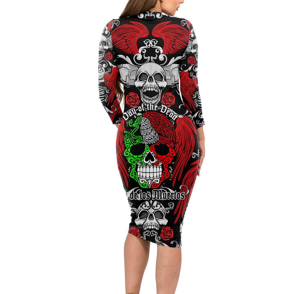Mexico Day Of The Dead Long Sleeve Bodycon Dress Mexican Sugar Skull Dia de los Muertos - Wonder Print Shop