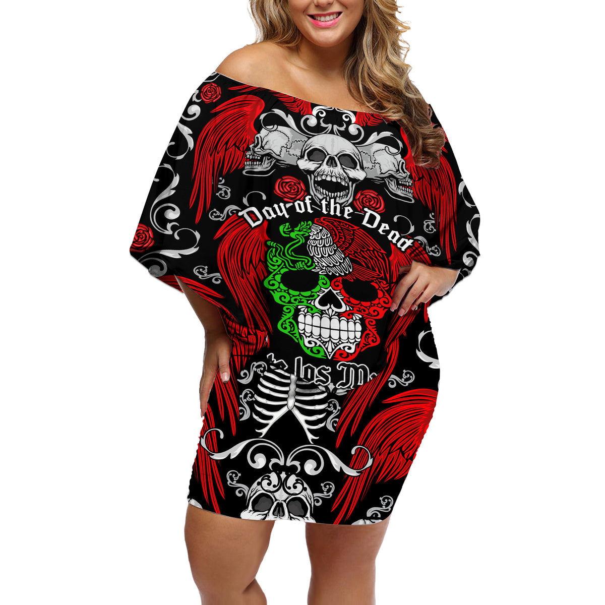 Mexico Day Of The Dead Off Shoulder Short Dress Mexican Sugar Skull Dia de los Muertos - Wonder Print Shop