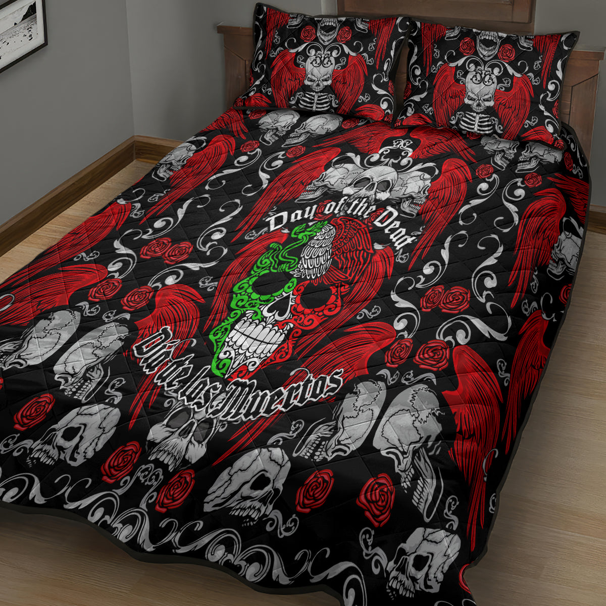 Mexico Day Of The Dead Quilt Bed Set Mexican Sugar Skull Dia de los Muertos - Wonder Print Shop