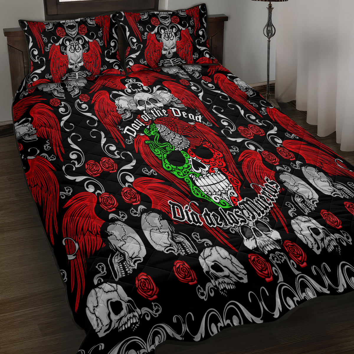 Mexico Day Of The Dead Quilt Bed Set Mexican Sugar Skull Dia de los Muertos - Wonder Print Shop