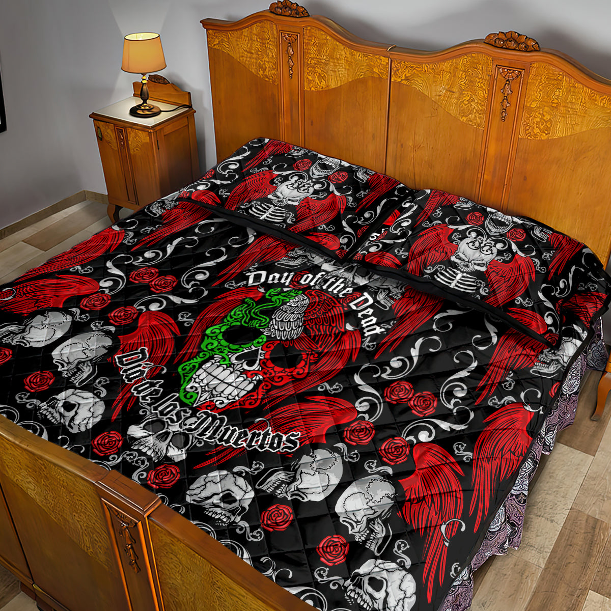 Mexico Day Of The Dead Quilt Bed Set Mexican Sugar Skull Dia de los Muertos - Wonder Print Shop