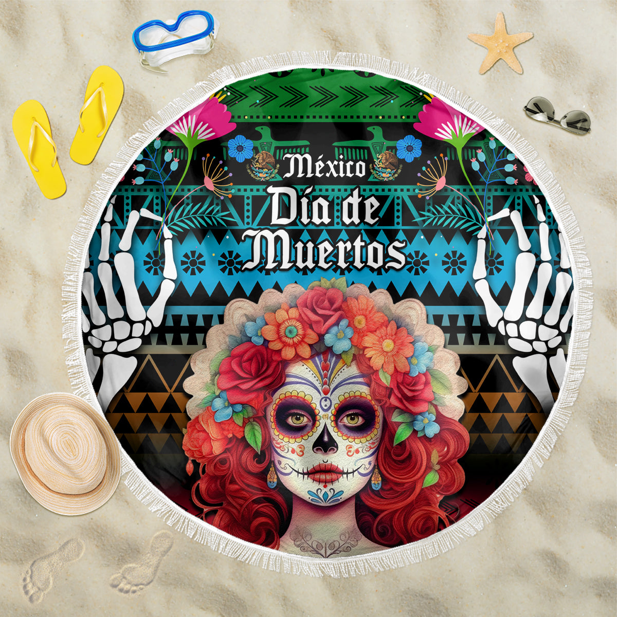 Mexico Day Of The Dead Beach Blanket Mexican La Catrina Dia de los Muertos - Wonder Print Shop