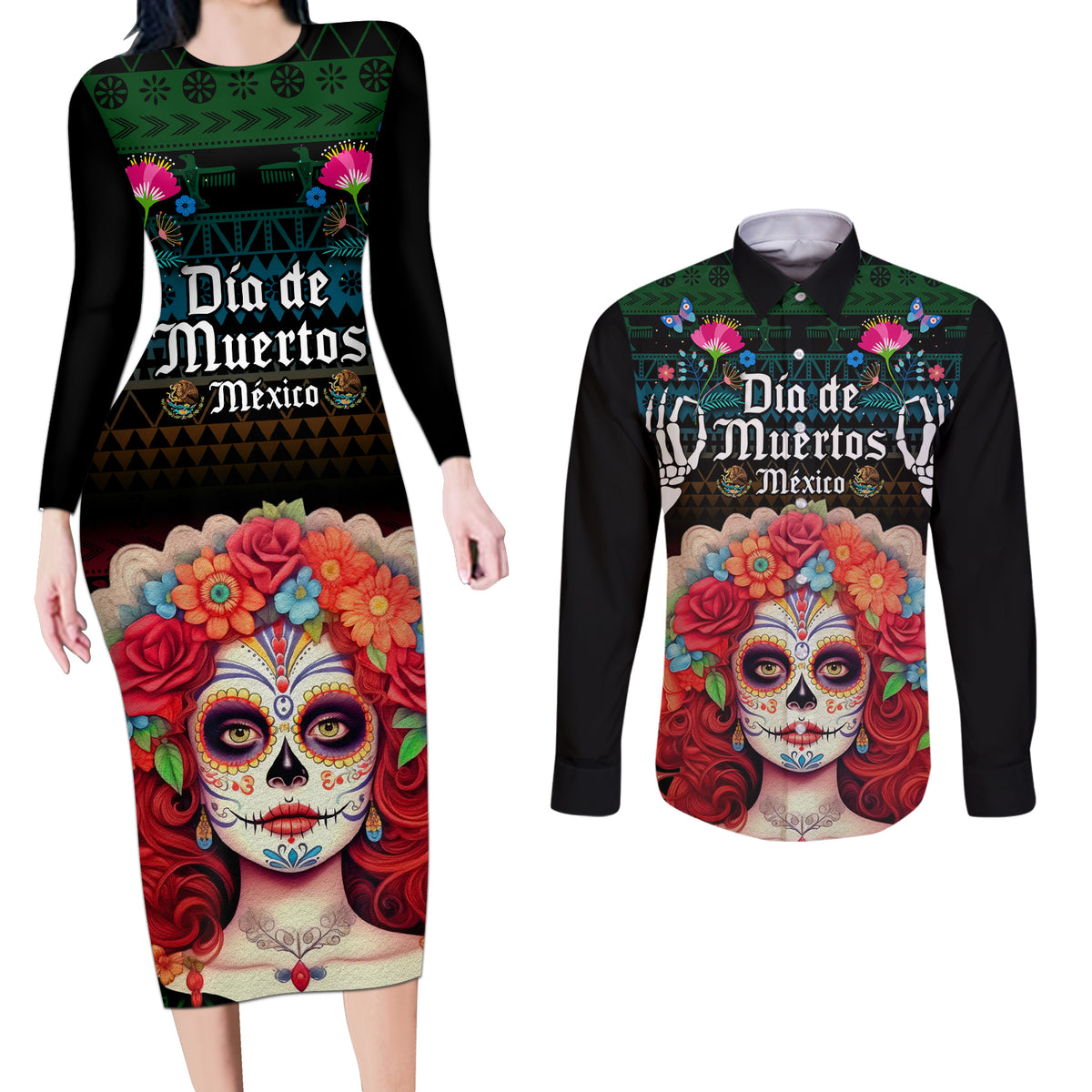 Personalised Mexico Day Of The Dead Couples Matching Long Sleeve Bodycon Dress and Long Sleeve Button Shirts Mexican La Catrina Dia de los Muertos - Wonder Print Shop
