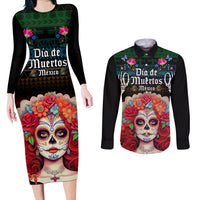 Personalised Mexico Day Of The Dead Couples Matching Long Sleeve Bodycon Dress and Long Sleeve Button Shirts Mexican La Catrina Dia de los Muertos - Wonder Print Shop