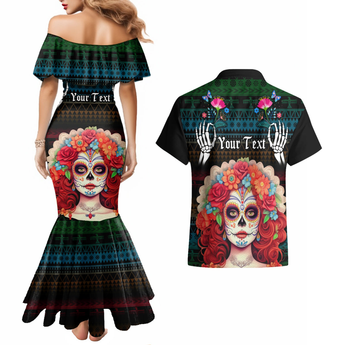 Personalised Mexico Day Of The Dead Couples Matching Mermaid Dress and Hawaiian Shirt Mexican La Catrina Dia de los Muertos - Wonder Print Shop