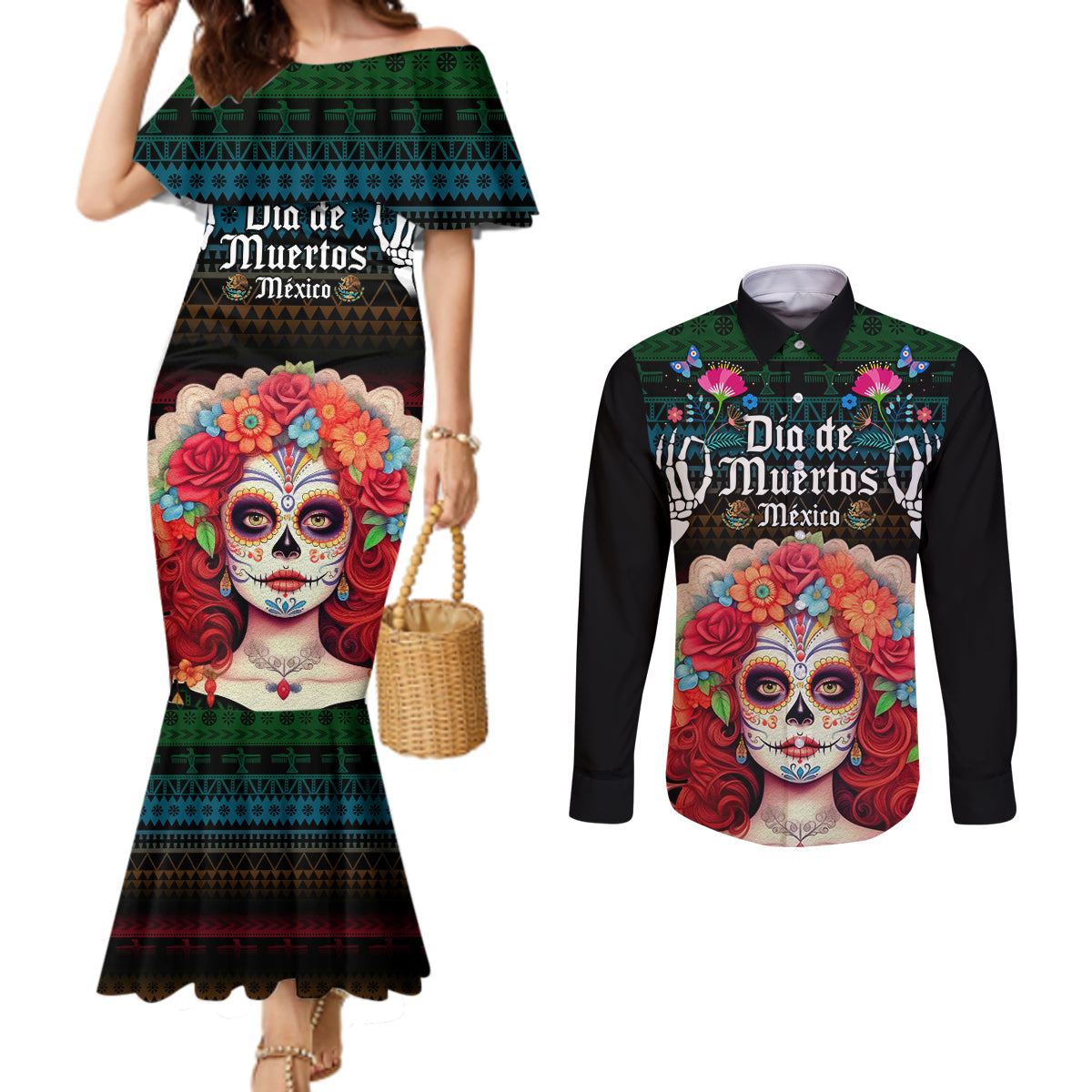 personalised-mexico-day-of-the-dead-couples-matching-mermaid-dress-and-long-sleeve-button-shirts-mexican-la-catrina-dia-de-los-muertos