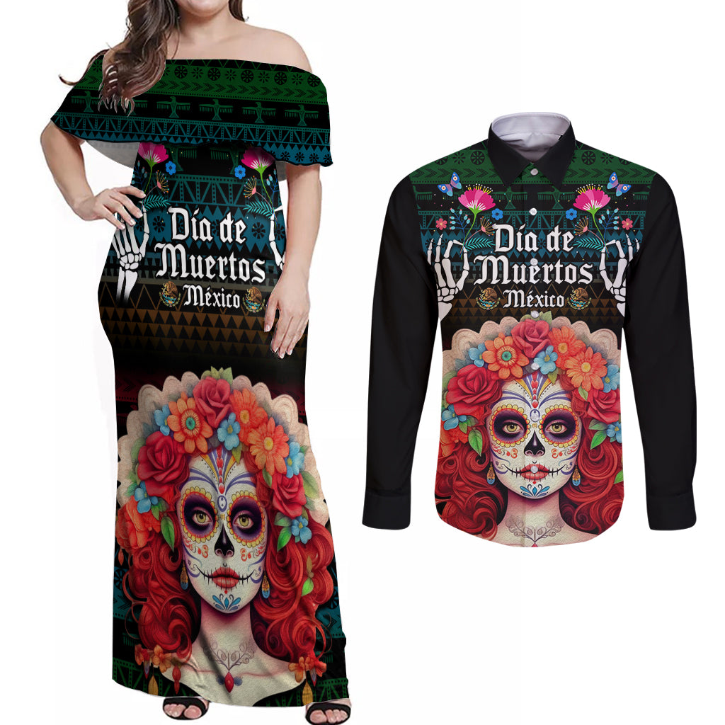 Personalised Mexico Day Of The Dead Couples Matching Off Shoulder Maxi Dress and Long Sleeve Button Shirts Mexican La Catrina Dia de los Muertos - Wonder Print Shop