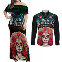Personalised Mexico Day Of The Dead Couples Matching Off Shoulder Maxi Dress and Long Sleeve Button Shirts Mexican La Catrina Dia de los Muertos - Wonder Print Shop
