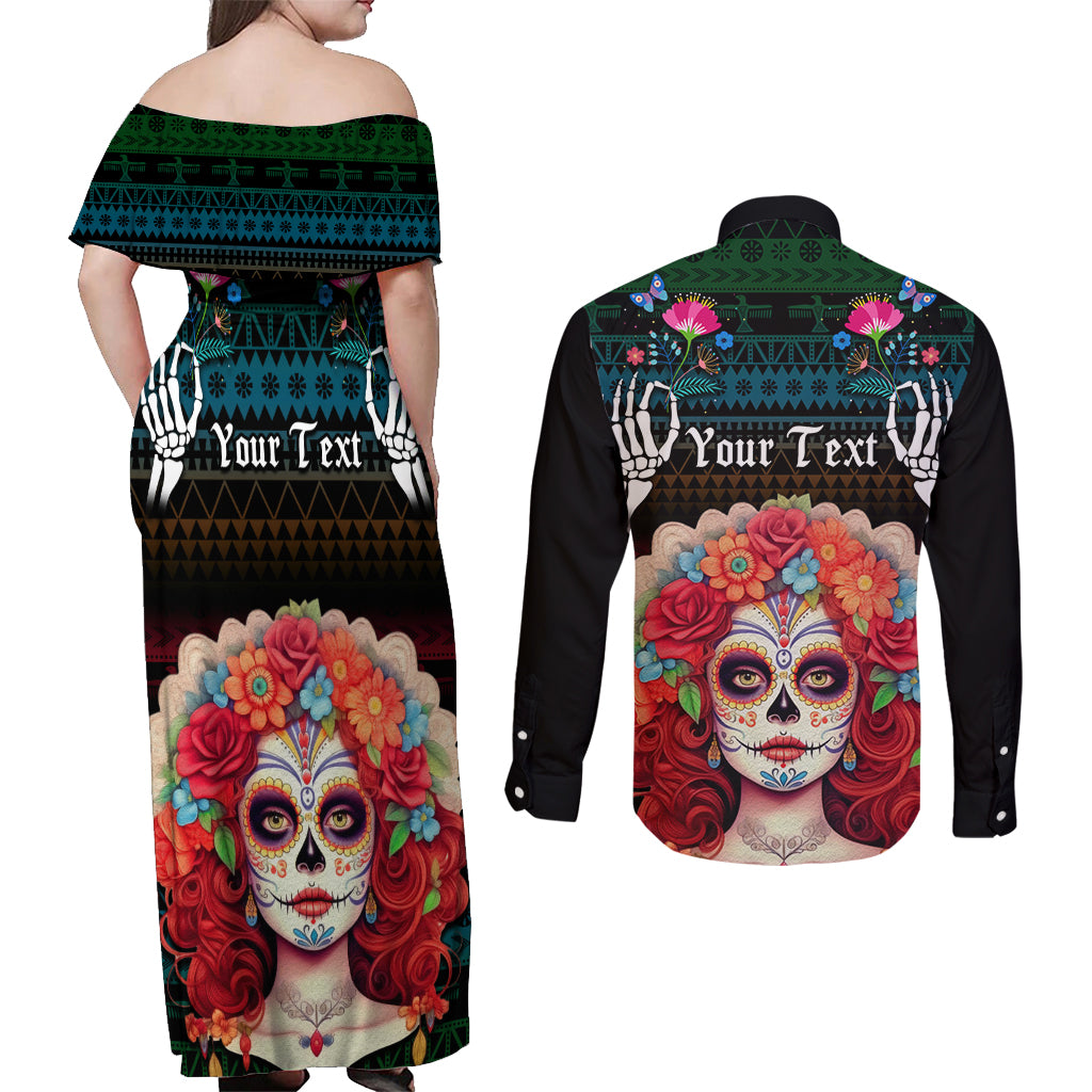 Personalised Mexico Day Of The Dead Couples Matching Off Shoulder Maxi Dress and Long Sleeve Button Shirts Mexican La Catrina Dia de los Muertos - Wonder Print Shop