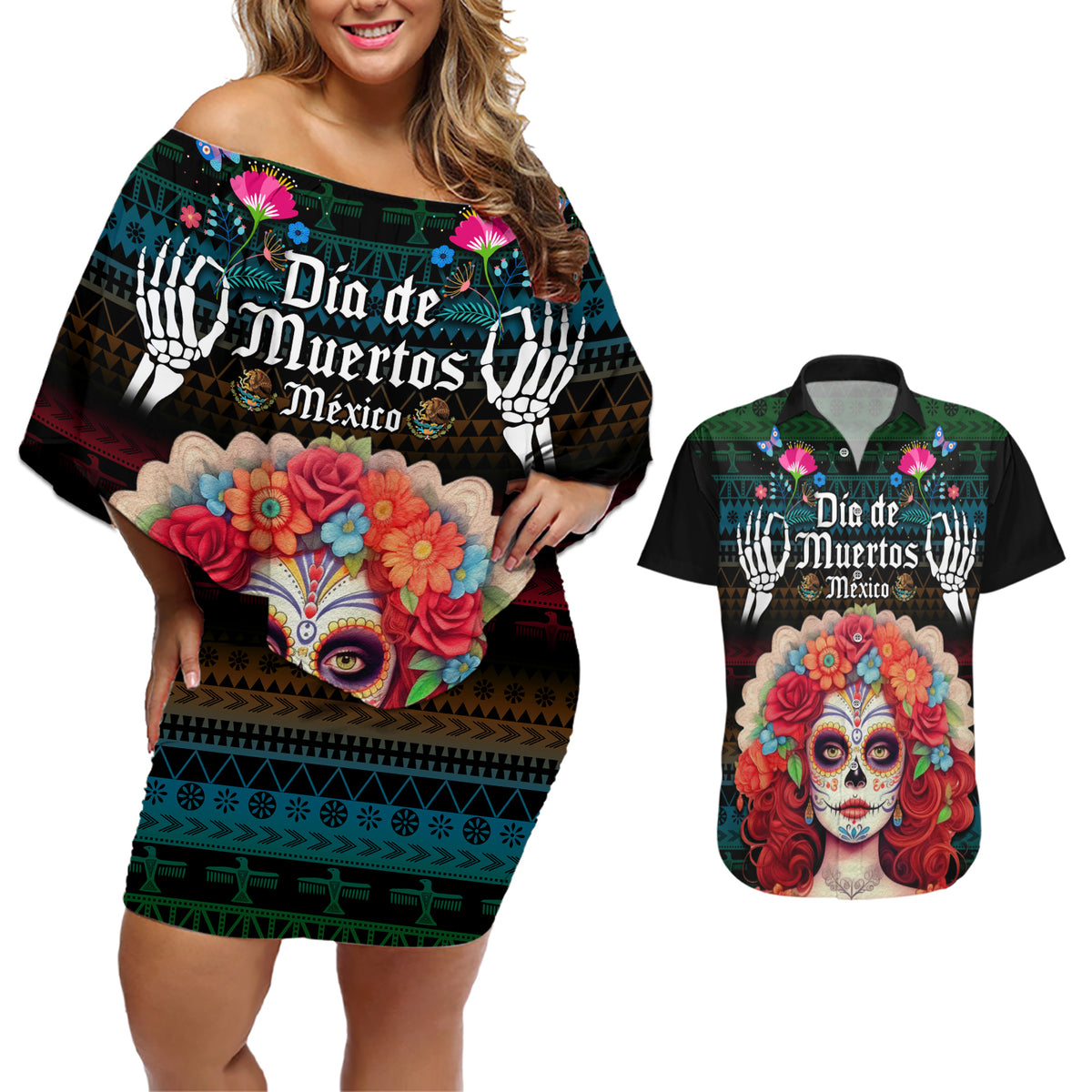 Personalised Mexico Day Of The Dead Couples Matching Off Shoulder Short Dress and Hawaiian Shirt Mexican La Catrina Dia de los Muertos - Wonder Print Shop