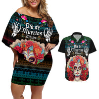 Personalised Mexico Day Of The Dead Couples Matching Off Shoulder Short Dress and Hawaiian Shirt Mexican La Catrina Dia de los Muertos - Wonder Print Shop