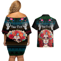 Personalised Mexico Day Of The Dead Couples Matching Off Shoulder Short Dress and Hawaiian Shirt Mexican La Catrina Dia de los Muertos - Wonder Print Shop
