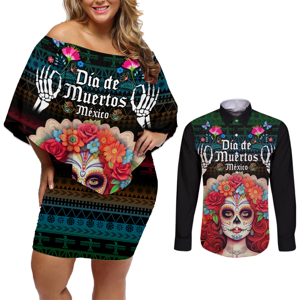 Personalised Mexico Day Of The Dead Couples Matching Off Shoulder Short Dress and Long Sleeve Button Shirts Mexican La Catrina Dia de los Muertos - Wonder Print Shop