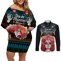 Personalised Mexico Day Of The Dead Couples Matching Off Shoulder Short Dress and Long Sleeve Button Shirts Mexican La Catrina Dia de los Muertos - Wonder Print Shop