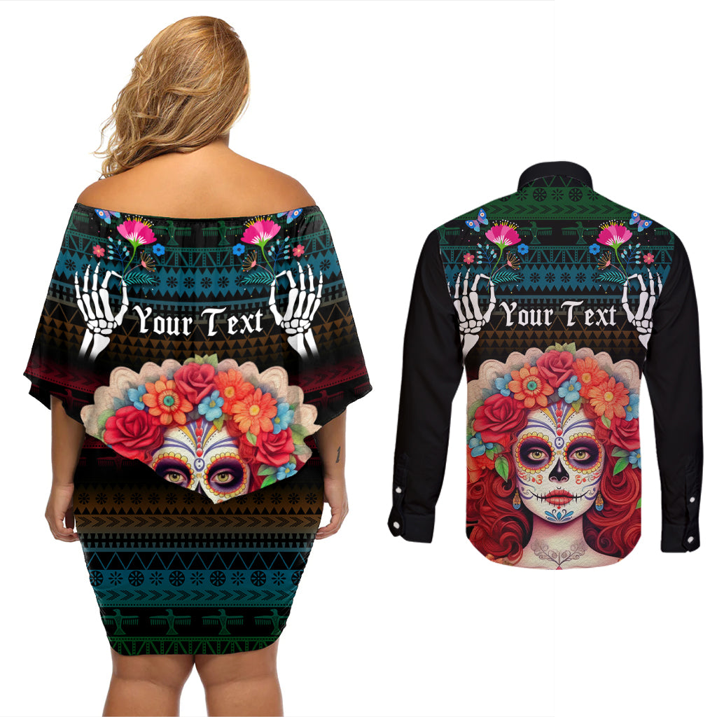 Personalised Mexico Day Of The Dead Couples Matching Off Shoulder Short Dress and Long Sleeve Button Shirts Mexican La Catrina Dia de los Muertos - Wonder Print Shop
