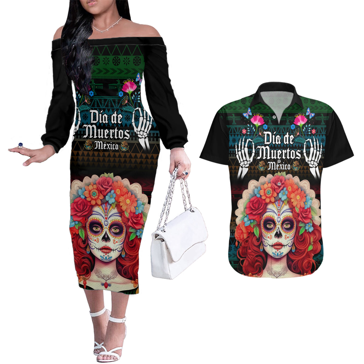 Personalised Mexico Day Of The Dead Couples Matching Off The Shoulder Long Sleeve Dress and Hawaiian Shirt Mexican La Catrina Dia de los Muertos - Wonder Print Shop