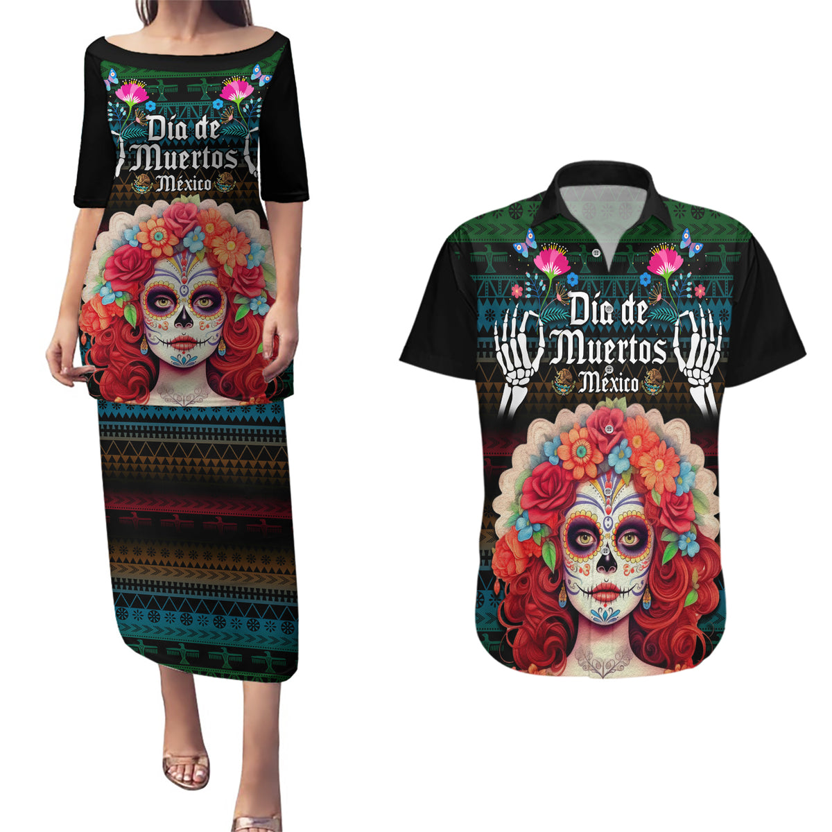 Personalised Mexico Day Of The Dead Couples Matching Puletasi Dress and Hawaiian Shirt Mexican La Catrina Dia de los Muertos - Wonder Print Shop