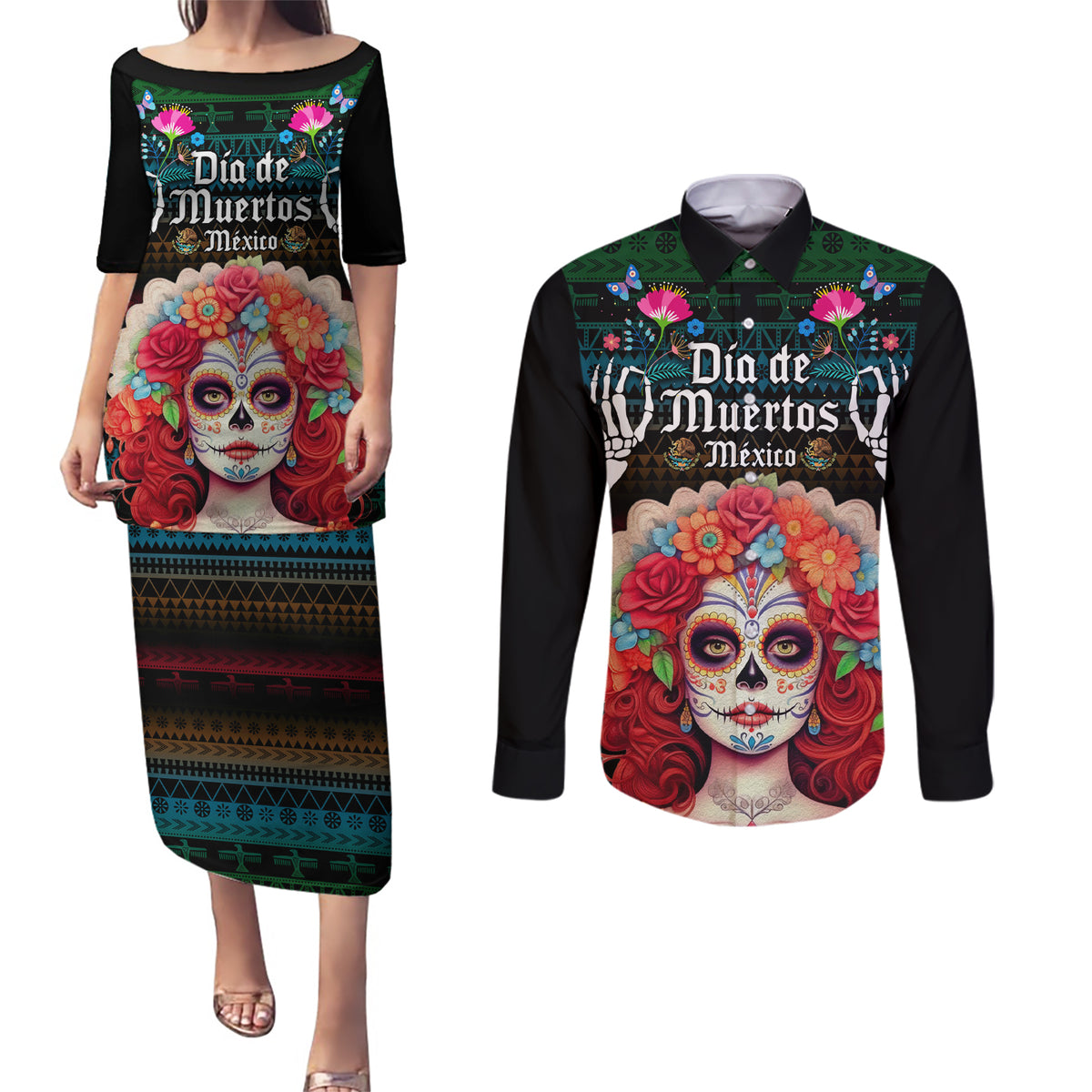 Personalised Mexico Day Of The Dead Couples Matching Puletasi Dress and Long Sleeve Button Shirts Mexican La Catrina Dia de los Muertos - Wonder Print Shop