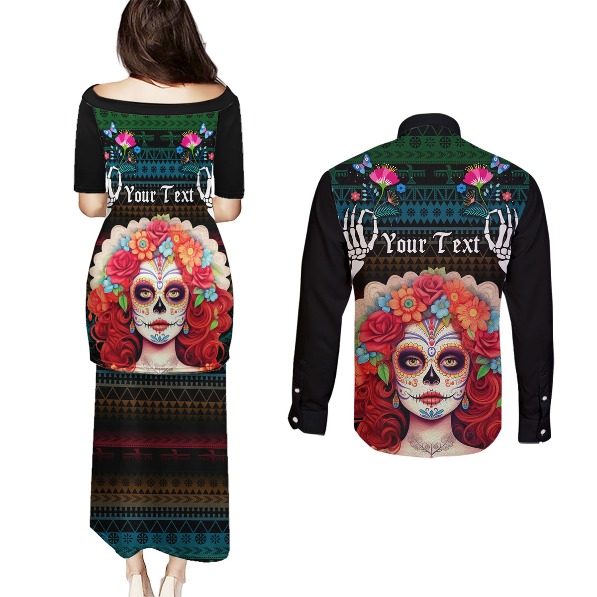 Personalised Mexico Day Of The Dead Couples Matching Puletasi Dress and Long Sleeve Button Shirts Mexican La Catrina Dia de los Muertos - Wonder Print Shop