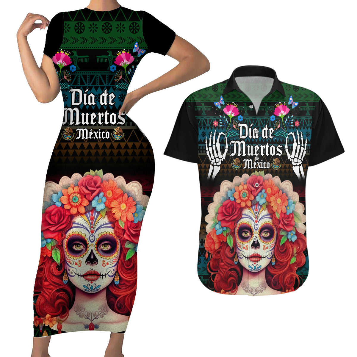 Personalised Mexico Day Of The Dead Couples Matching Short Sleeve Bodycon Dress and Hawaiian Shirt Mexican La Catrina Dia de los Muertos - Wonder Print Shop
