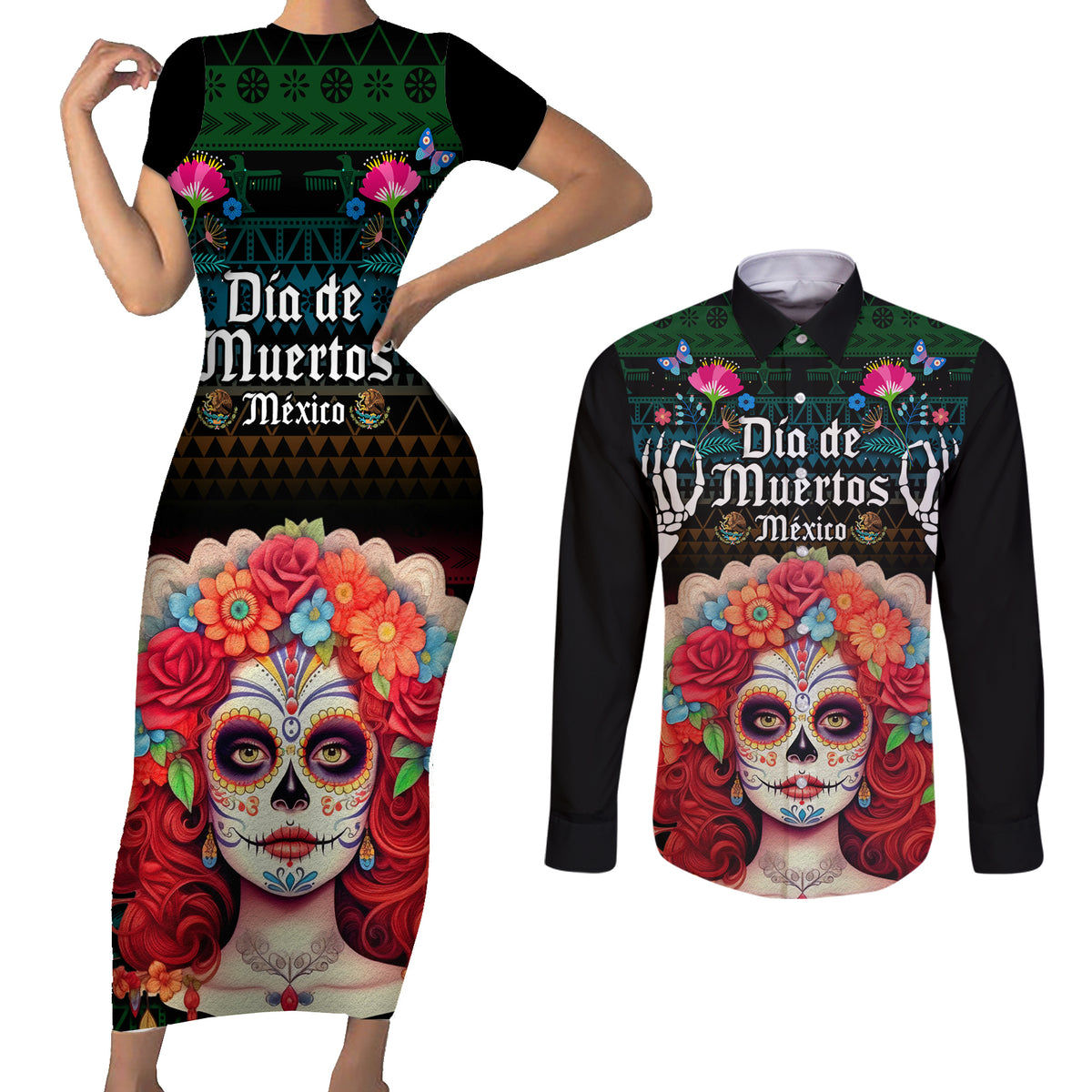 Personalised Mexico Day Of The Dead Couples Matching Short Sleeve Bodycon Dress and Long Sleeve Button Shirts Mexican La Catrina Dia de los Muertos - Wonder Print Shop