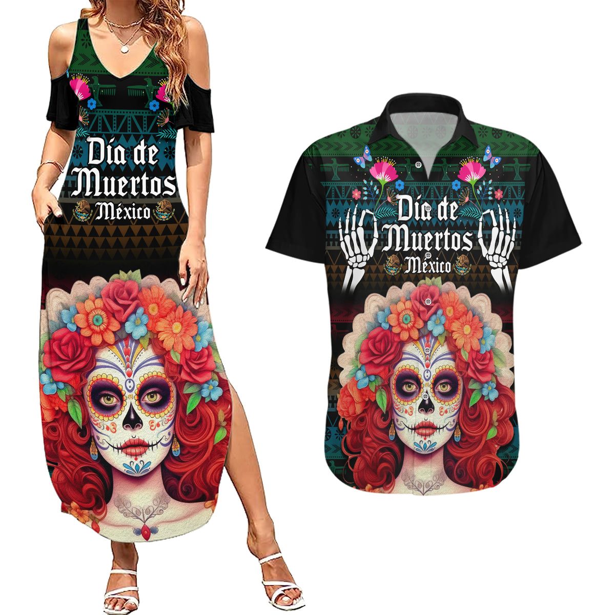 Personalised Mexico Day Of The Dead Couples Matching Summer Maxi Dress and Hawaiian Shirt Mexican La Catrina Dia de los Muertos - Wonder Print Shop