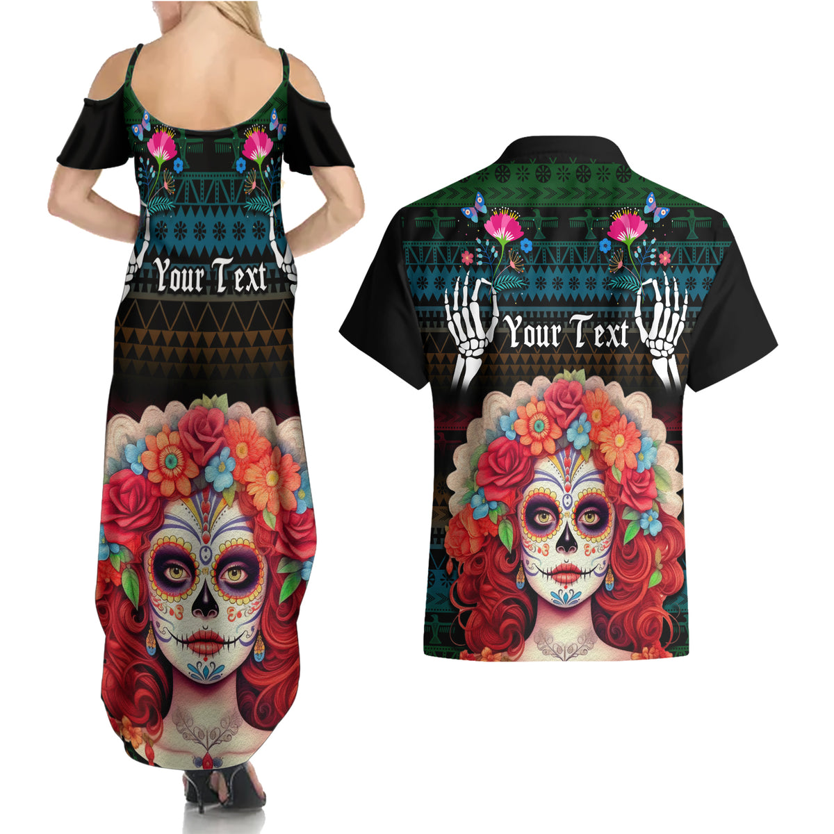 Personalised Mexico Day Of The Dead Couples Matching Summer Maxi Dress and Hawaiian Shirt Mexican La Catrina Dia de los Muertos - Wonder Print Shop