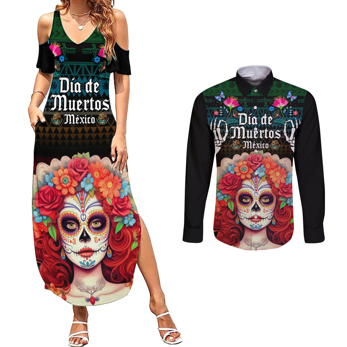 Personalised Mexico Day Of The Dead Couples Matching Summer Maxi Dress and Long Sleeve Button Shirts Mexican La Catrina Dia de los Muertos - Wonder Print Shop