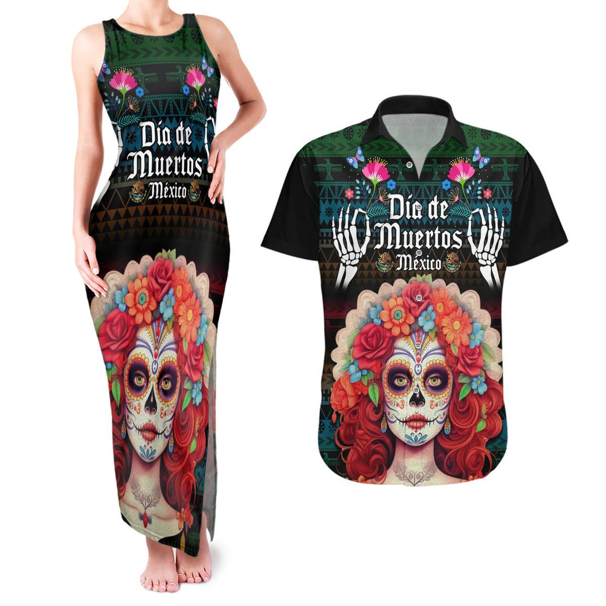 Personalised Mexico Day Of The Dead Couples Matching Tank Maxi Dress and Hawaiian Shirt Mexican La Catrina Dia de los Muertos - Wonder Print Shop